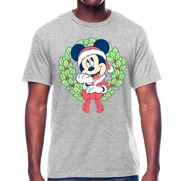 NWT! Disney Men’s Mickey Mouse Santa Hat inside wreath gray t-Shirt Christmas XL - Picture 1 of 5